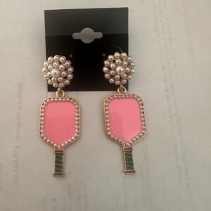 Pickleball Paddle Gold Plated Pearl Cluster Earrings